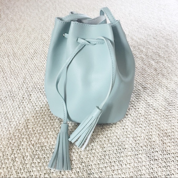 Boho Blue Drawstring Bucket Bag Crossbody Purse - Picture 3 of 5
